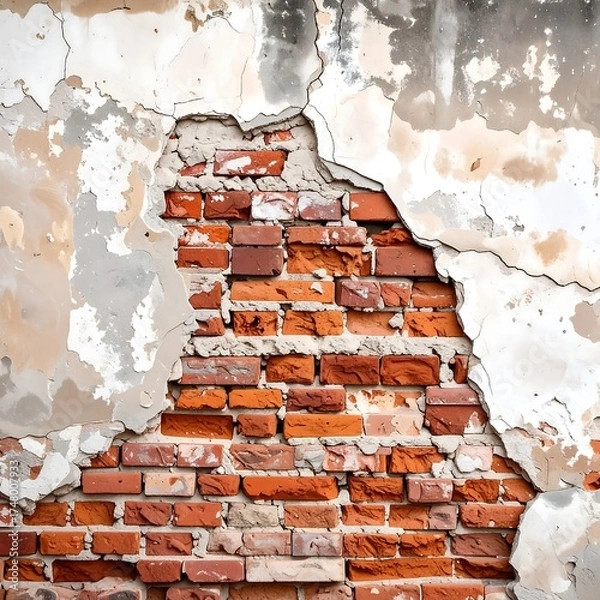 Fototapeta Cracked plaster wall revealing brick