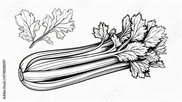 Obraz Hand drawn celery stalk with leaves botanical illustration sketch.
