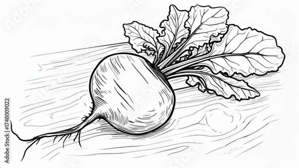 Fototapeta Hand-drawn illustration of a fresh beet with leaves on a wooden surface, black and white sketch.