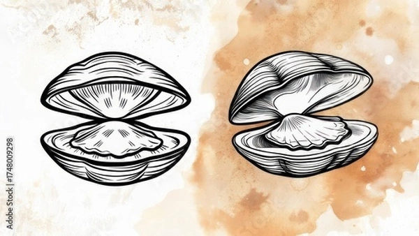 Obraz Hand drawn oyster shell vector illustration set.