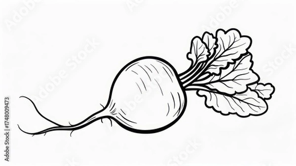 Fototapeta Hand-drawn black and white radish with leaves, fresh vegetable illustration.