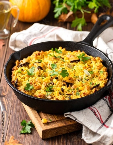 Fototapeta Creamy corn and seafood dish in a cast iron skillet