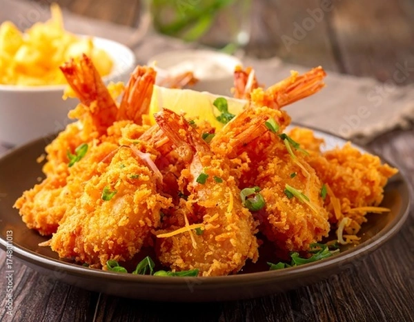 Fototapeta Crispy battered shrimp with lemon and chips