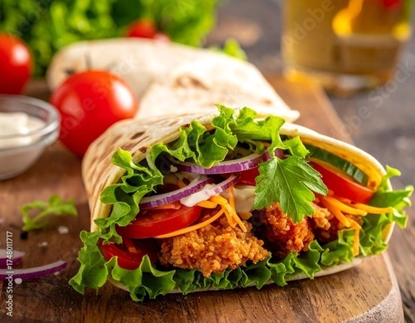 Fototapeta Crispy chicken wrap with fresh veggies