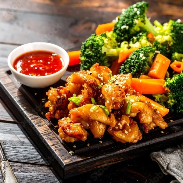 Fototapeta Crispy chicken with broccoli and carrots