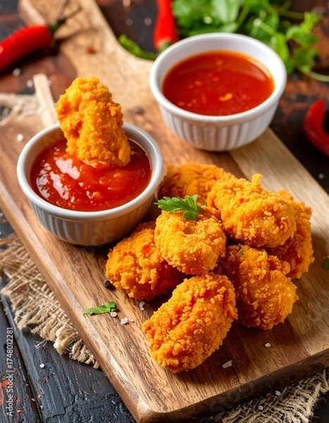 Fototapeta Crispy fried bites with spicy dipping sauce