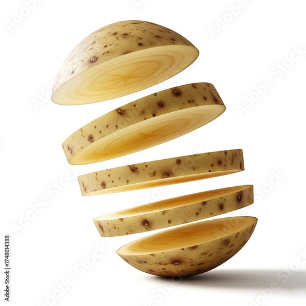 Fototapeta Potato slices floating in mid-air displaying various angles and textures in a creative arrangement
