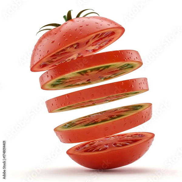 Fototapeta Slices of ripe tomato floating in mid-air showcasing vibrant color and freshness for culinary presentations