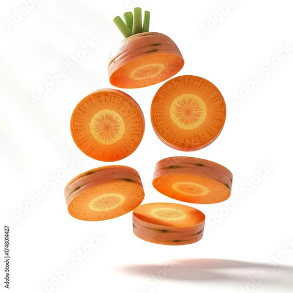 Fototapeta Floating slices of carrot create an eye-catching display in a bright, neutral background