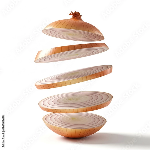 Fototapeta Sliced onion showcasing layers floating in mid-air with a clean background