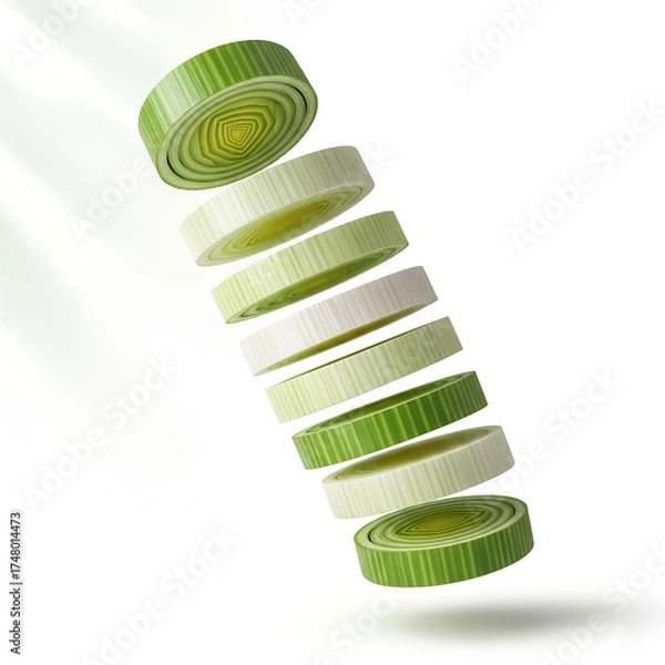 Fototapeta Sliced green onions floating in air with artistic presentation in bright light
