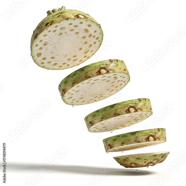 Fototapeta Floating slices of celery root showcase texture and freshness in a creative culinary display