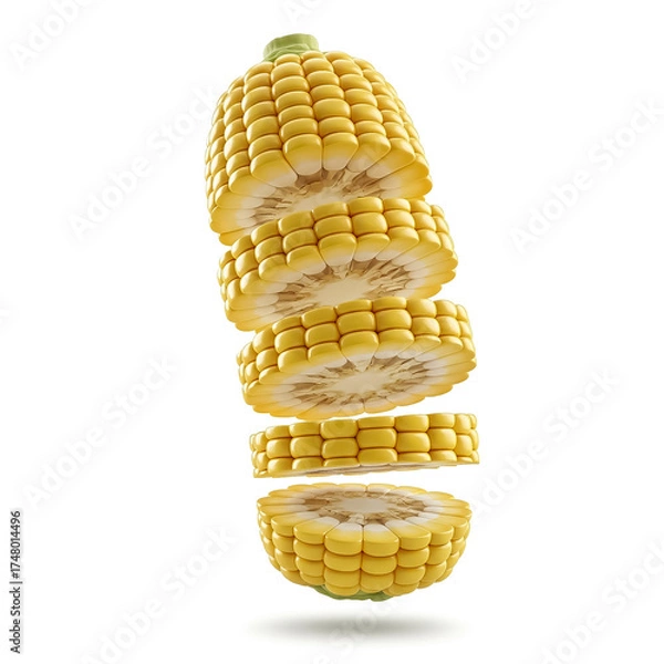 Fototapeta Floating corn showing cross-section slices with vibrant yellow kernels in a creative arrangement