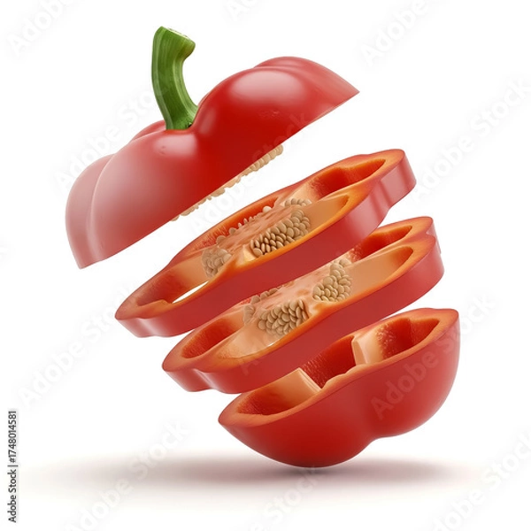 Fototapeta Bright red bell pepper sliced into sections showcasing vibrant inner layers and seeds