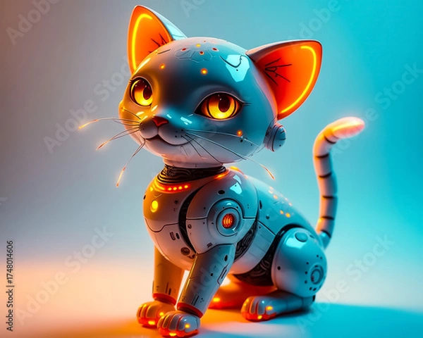 Fototapeta Robot cat with glowing eyes sits gracefully in a modern, colorful setting