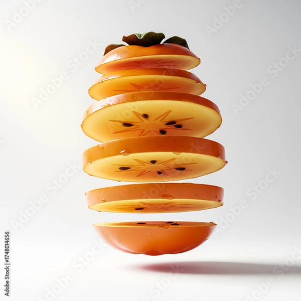 Fototapeta Sliced persimmon hovering against a clean background in a minimalist composition with focus on freshness and texture