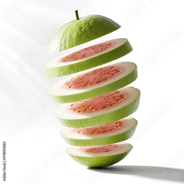 Fototapeta Sliced green guava fruit stacked in an artistic arrangement showcasing vibrant pink flesh and textures