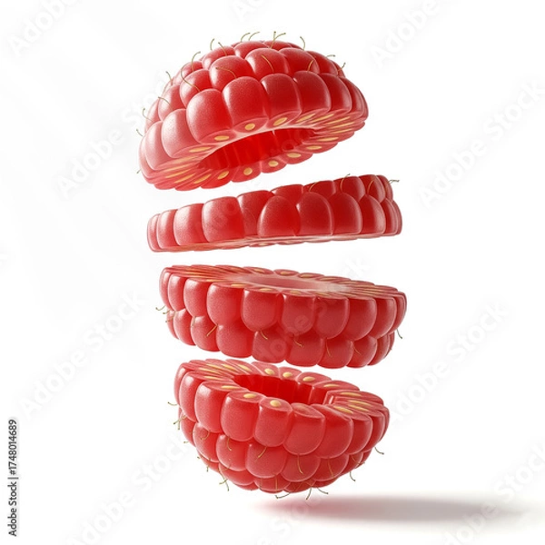Fototapeta Red raspberries floating in a unique arrangement highlighting their texture and luminosity in a simple background