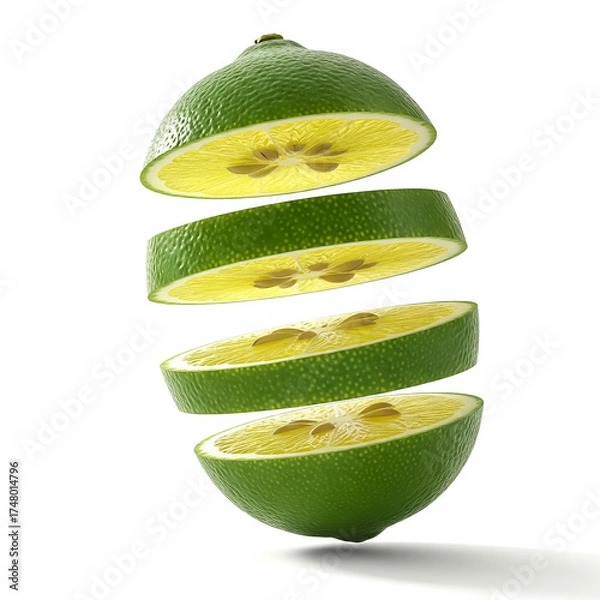 Fototapeta Fresh lime sliced into sections floating in air with a clean background