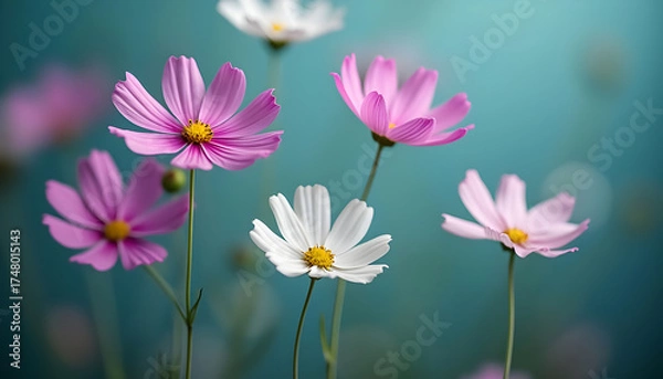 Fototapeta Colorful cosmos flowers bloom in a serene garden setting during a bright afternoon