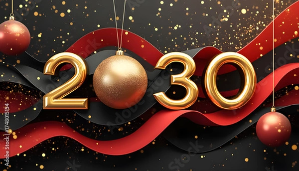 Fototapeta Golden 2030 lettering with red and black ribbons and festive ornaments creating a celebratory atmosphere for New Year