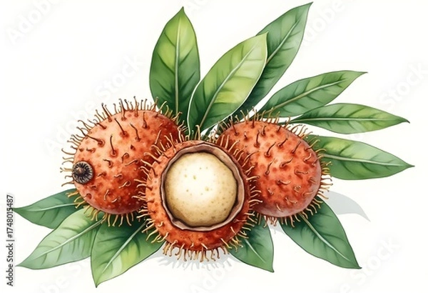 Fototapeta Exotic fruit arrangement featuring lychee and tropical green leaves in a natural setting