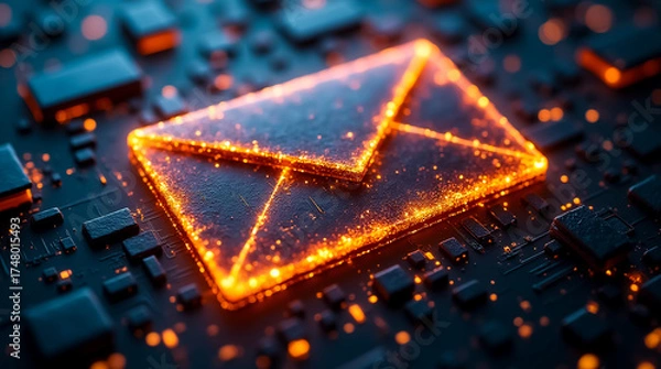 Fototapeta Glowing digital envelope icon surrounded by circuit patterns in a dark, high-tech setting