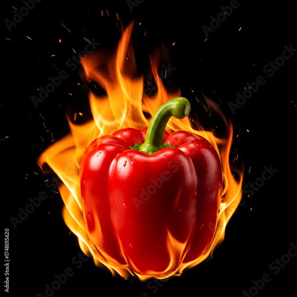 Fototapeta Bright red bell pepper engulfed in flames against a black background showcasing contrasting colors and dynamic energy