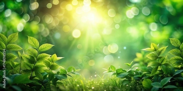Obraz Dense foliage with vibrant green bokeh abstract light effects in a natural forest setting at dawn , nature, forest