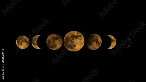 Fototapeta realistic golden moon phases illustration on black background, detailed astronomy and celestial design.