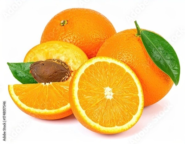 Fototapeta Fresh oranges and an apricot, close-up