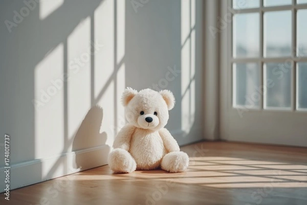 Obraz A teddy bear sits alone in a room, with a looming shadow of a monster cast on the wall. The contrast of innocence and fear evokes a sense of childhood anxiety and imagination. Concept of childhood fea