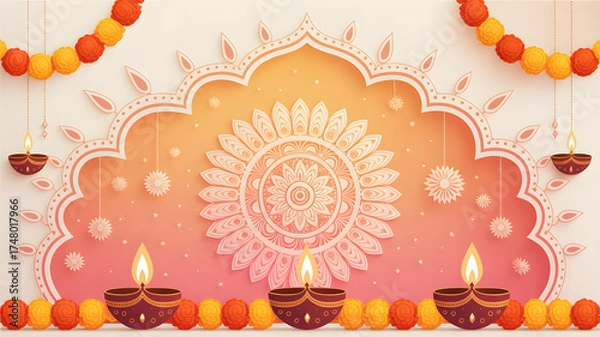 Obraz Intricate pink mandala design with decorative Diwali lanterns and “Happy Diwali” text, traditional festive Indian graphic.
