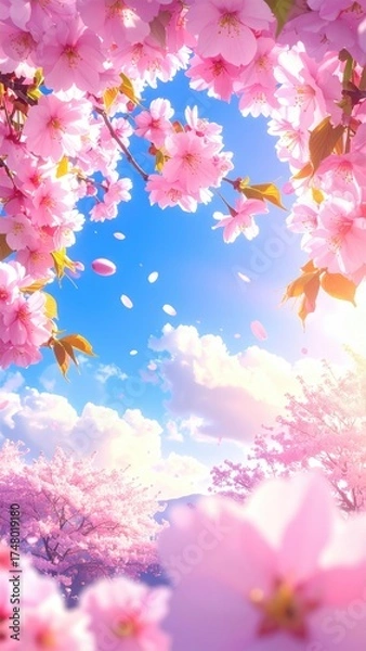 Fototapeta Blossoming cherry blossoms, vibrant pink flowers cascading against a vibrant blue sky. Soft sunlight filters through the branches, creating a dreamy aesthetic. Falling petals add a delicate touch