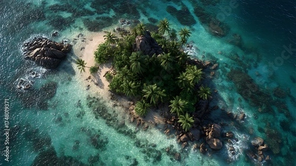 Obraz Tropical Island Paradise Aerial View Seascape Palm Trees Crystal Turquoise Water