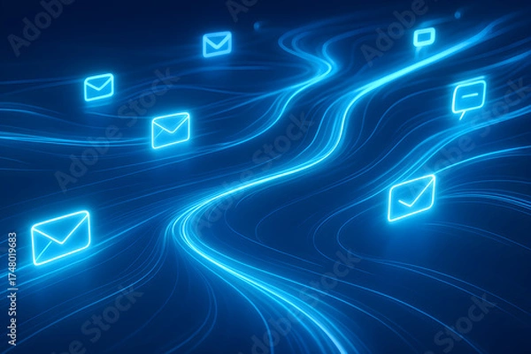 Fototapeta Digital communication flow with glowing message icons on blue background