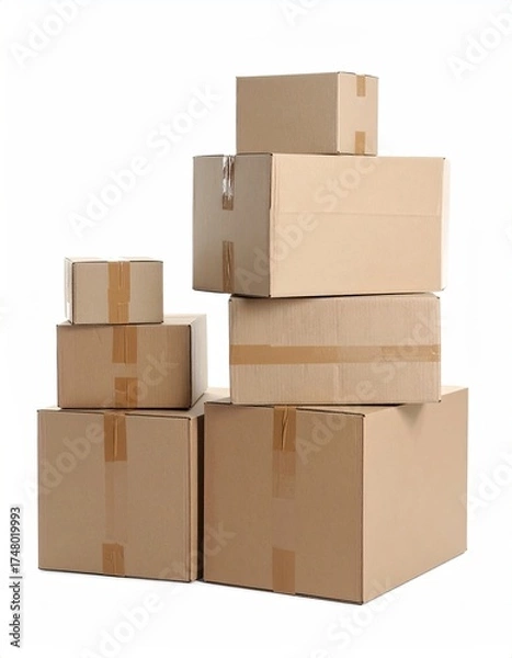 Fototapeta Stack of various sized cardboard boxes, taped securely