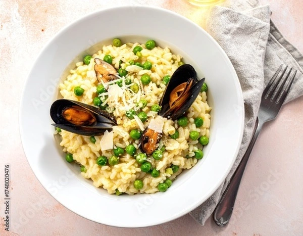 Fototapeta Creamy risotto with mussels and peas in a white bowl (1)