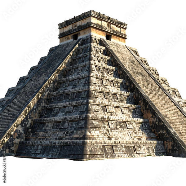 Fototapeta Ancient stone pyramid with stepped sides rises against a dark backdrop, showcasing historical architecture