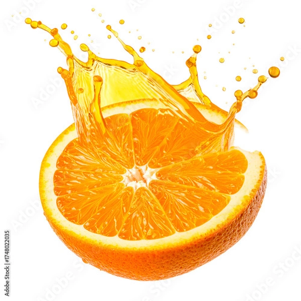 Fototapeta A halved orange with vibrant juice bursting outward from its center against a dark backdrop