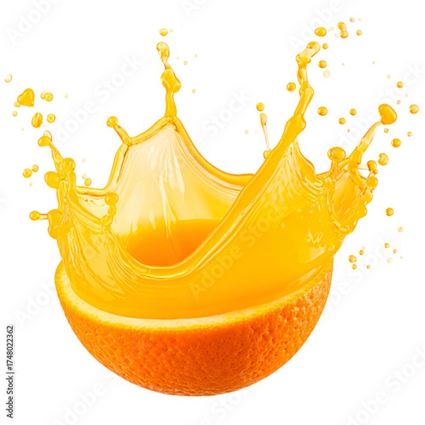 Fototapeta Vivid image of an orange half with juice erupting upwards, showcasing a splash effect
