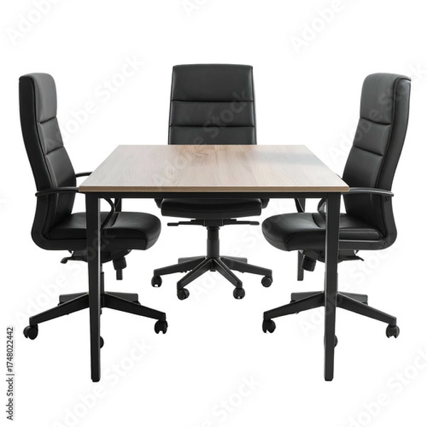 Fototapeta Office setup with a rectangular table and four black leather chairs, centered on a black background