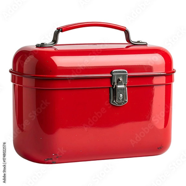 Fototapeta A vibrant red, rectangular, metal box with a handle and a clasp