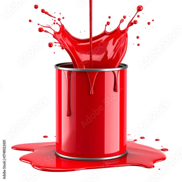 Fototapeta Vibrant red paint pouring from a can, creating a dynamic splash with a black backdrop