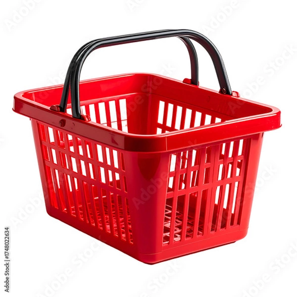Fototapeta A bright red plastic shopping basket with a black handle. Isolated on a black background