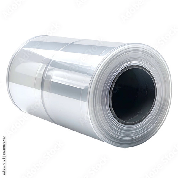 Fototapeta Cylindrical roll of clear, transparent plastic sheeting, tightly wound, with a dark interior