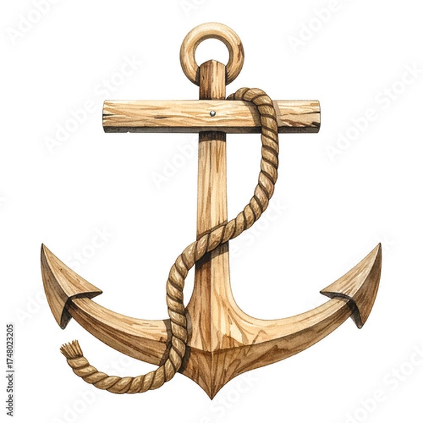 Fototapeta A vintage wooden anchor with rope wrapped around it, against a solid black background