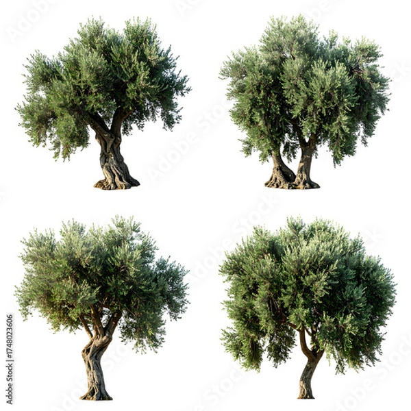 Fototapeta Four isolated olive trees with dense foliage, showing variations in trunk shape
