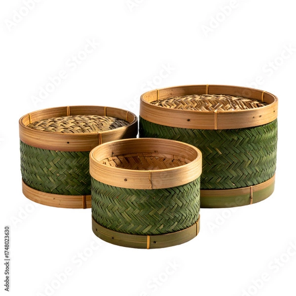 Fototapeta Three woven bamboo containers, varying sizes, filled with food, against a black background