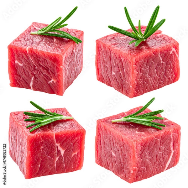 Fototapeta Four raw, cubed steaks garnished with sprigs of fresh, green rosemary on a transparent background